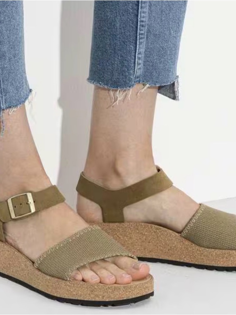 Birkenstock Olive Green Canvas Cork Platform Sandals like new. Size 39